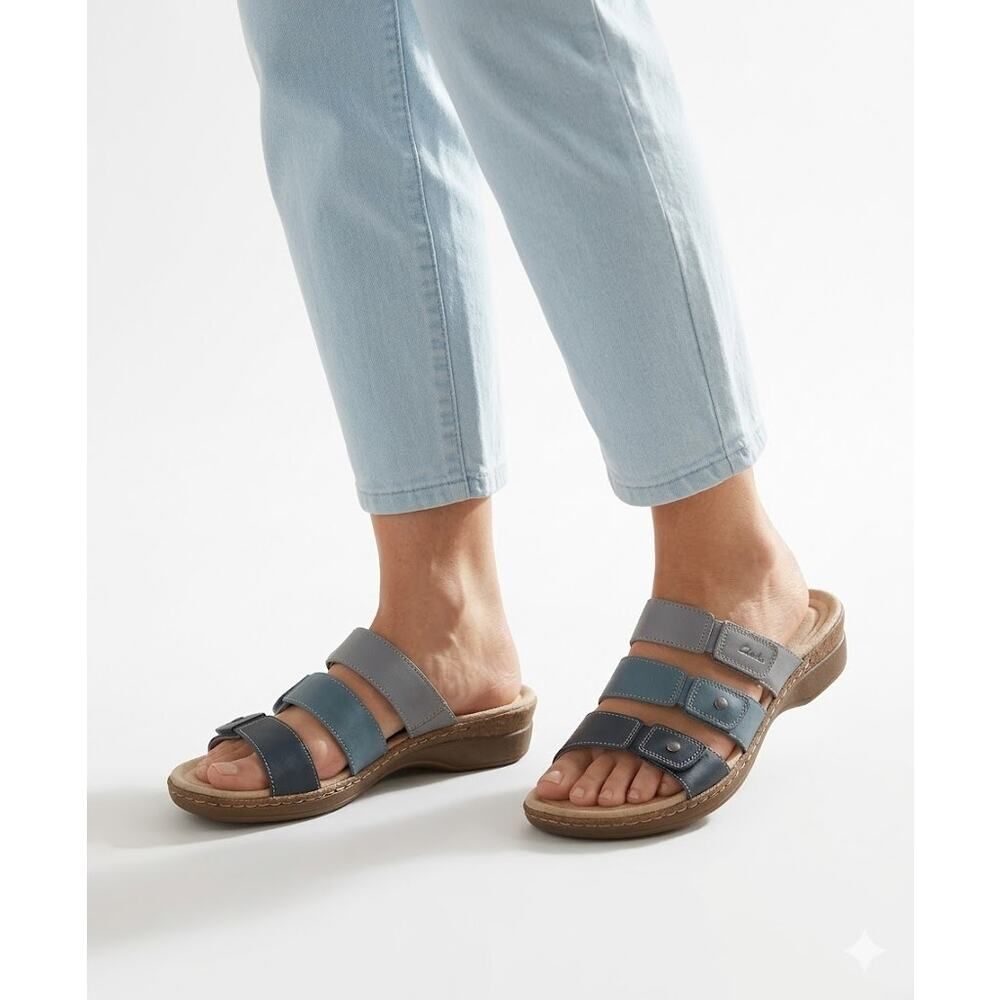 Clarks Collection Size 12 Blue Multi Strap Comfort Slide Sandals - Picture 2 of 9